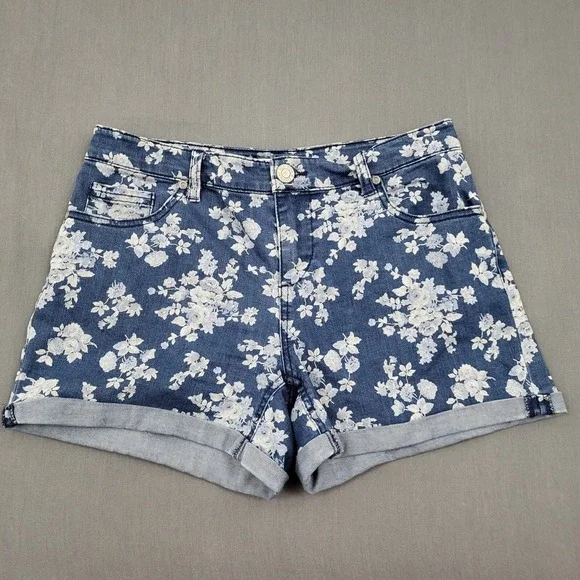 New‎ York & Company Womens Blue Floral Denim Cuffed Shorts Sz 6 Mid Rise Stretch