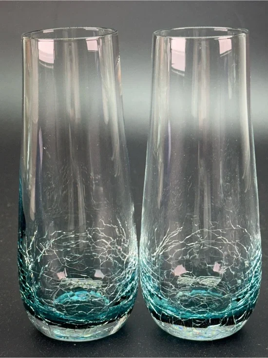 Vintage Pier 1 Teal Blue Crackle Glass  Stemless Champagne Mimosa Glasses