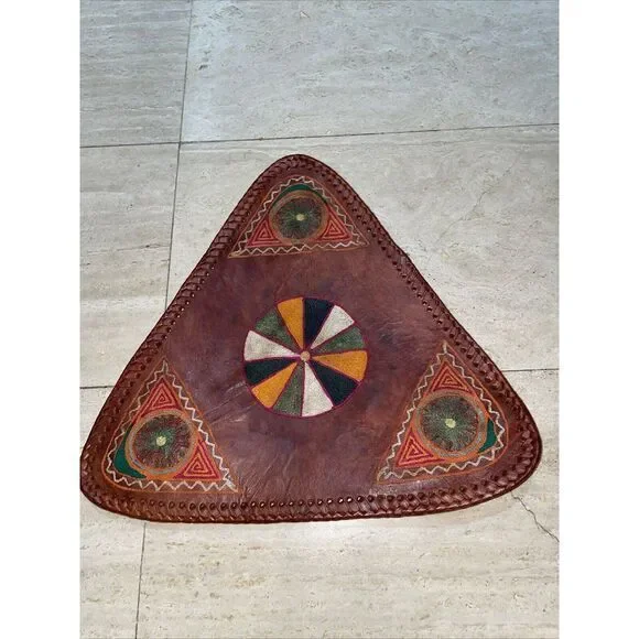 Leather Tripod‎ Saddle Stool Cover Needlepoint Geometric Pattern