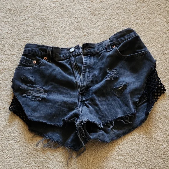Furst of a Kind Reworked Levi's Dark Denim Distressed Shorts Mesh Sides Sz M