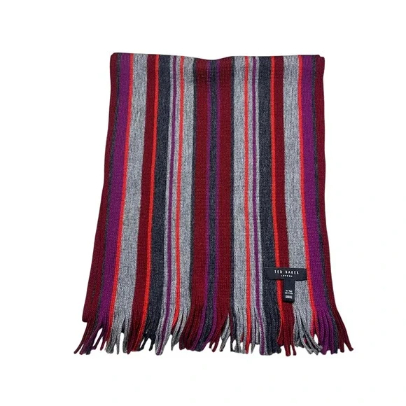 Ted Baker London Mens Striped Knit Scarf Grey Burgundy Purple Orange Fringe
