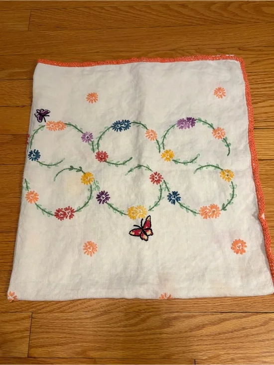 Hand-Embroidered White Linen tablecloth with Colorful Floral Swirls Butterfly