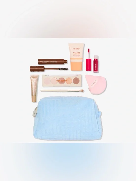 Ulta Beauty Makeup Set with Light Blue Pouch and Pink Accents