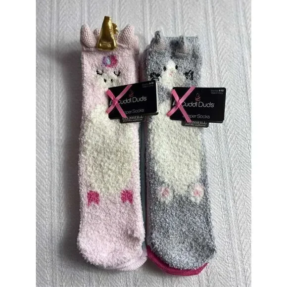 Cuddl Duds Girls Shoe Size 4-10 Lounge Crew Slipper Socks Total 4 Pr