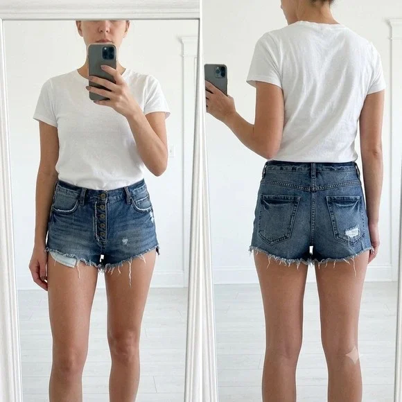 Free People We The Free Distressed Denim Cutoff Shorts Button Fly Size 27 Blue