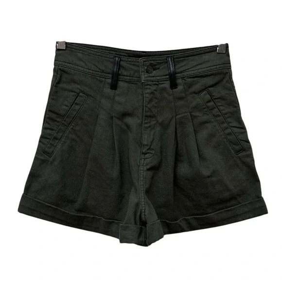 The Kooples Cotton Faux Leather Trim Green Cuffed Shorts 26