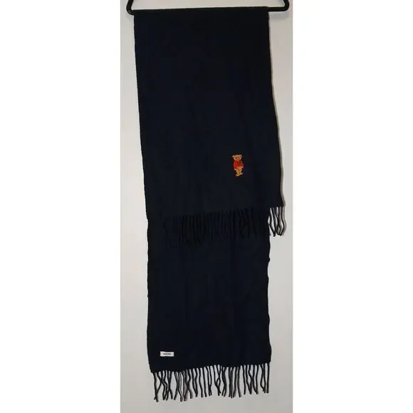Moschino mens soft cashmere wool long scarf navy blue fringe