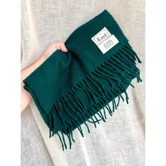 Vintage Harrods Knightsbridge Green 100% Lambswool Scarf Scotland‎ Fringed Logo