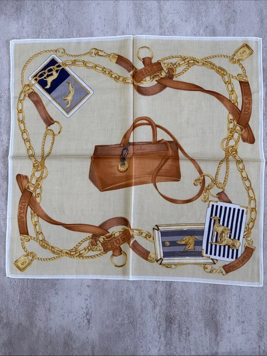 Trussardi Cream, Brown and Gold Chain Print cotton Scarf
