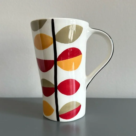 Pier 1 Tall Asymmetrical Abstract Red Yellow Olive Leaves Stoneware Cup Mug