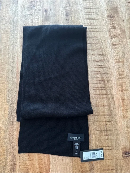 Kenneth Cole Men's Black Ribbed Knit Scarf - wool and cashmere blend 80 inches