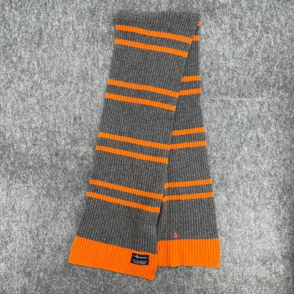 Polo Ralph Lauren Scarf Lambswool Ribbed Knit Striped Grey Orange Pony Logo