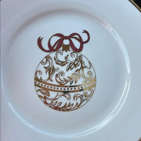 Pier 1 Ornament Salad Plates Gold with Red Ribbon Set of 8