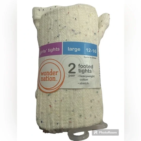 Wonder Nation Footed Tights 2-Pack Navy Blue/Speckled Ivory Size L (12-16) NWT