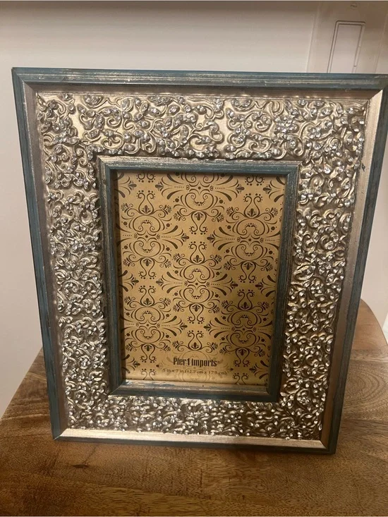 Pier 1 Silver and Teal Embossed Ornate with rhinestones Picture Frame