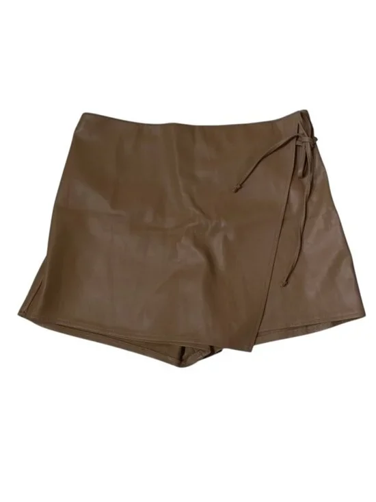 Abercrombie & Fitch Faux Leather Tan Shorts Skort Front Overlay Tie Side Size XL
