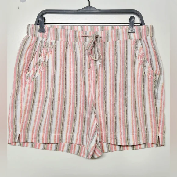 Briggs Linen Rayon Blend Elastic Waist Shorts Sz Large Pink/White/Yellow/Brown