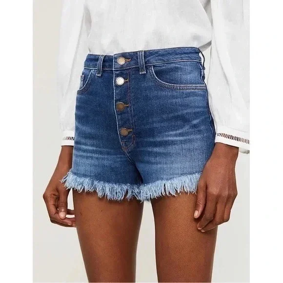 Maje‎ Irina Fray High Rise Denim Cutoff Festival Shorts Offduty Blue FR 34 US XS