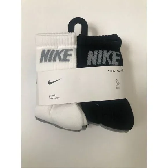 Nike Boys Cushioned Crew Socks 6 Pack (Grey/White/Black) size 7C-10C
