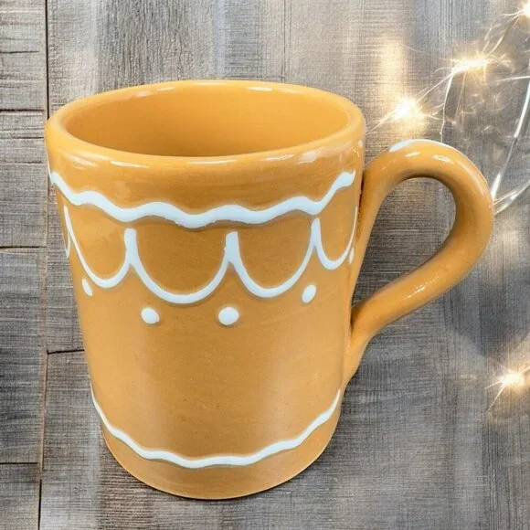 Pier 1‎ Coffee Mug Cup Brown Gingerbread White Swirl Mug Hand Painted Italy
