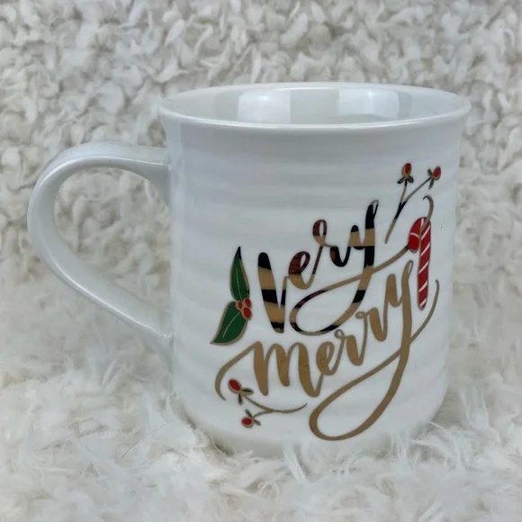 Pier 1 Stoneware Very Merry Candy Cane & Holly Coffee Mug 16oz. Christmas