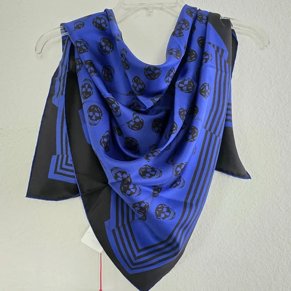 Alexander McQueen Biker Crashed Skull Silk Scarf Bright Blue Black
