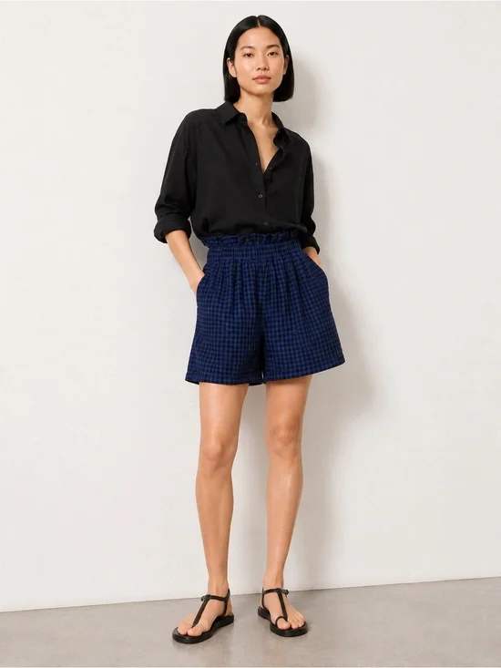 Tibi Navy Black Gingham Paperbag Waist Pull-On Sateen Shorts Small