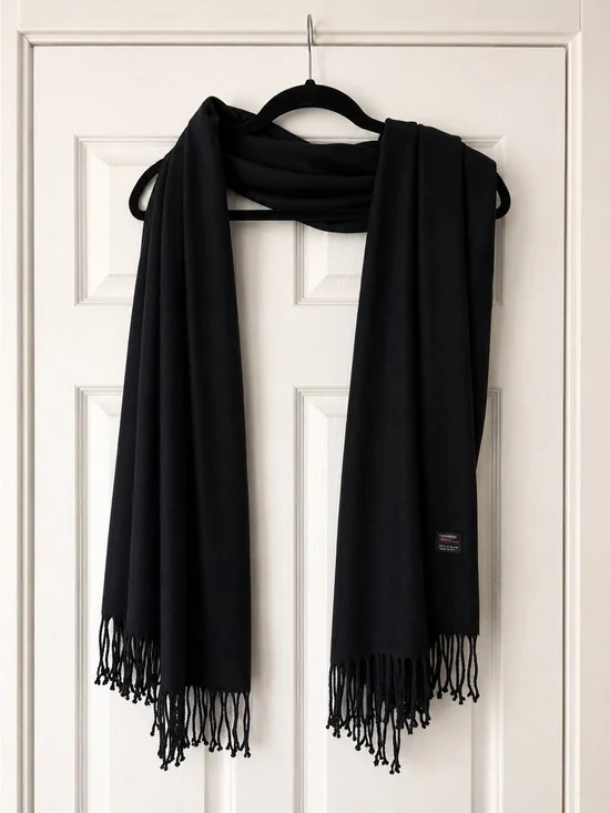 Black Cashmere Blend Fringe Scarf Italy Design Soft Wrap Shawl 25x66