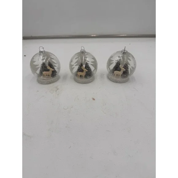 Lot Of 3 Pier One Christmas Ornament Snow globe Deer And Trees  Glitter 3-D