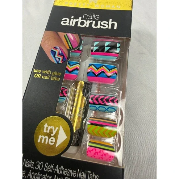 Pretty Woman Airbrush Press On Nails Colorful Geometric Y2K Festival Nail Set‎