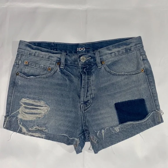 BDG High Rise Button Fly Distressed & Patched Tomgirl Jean Shorts