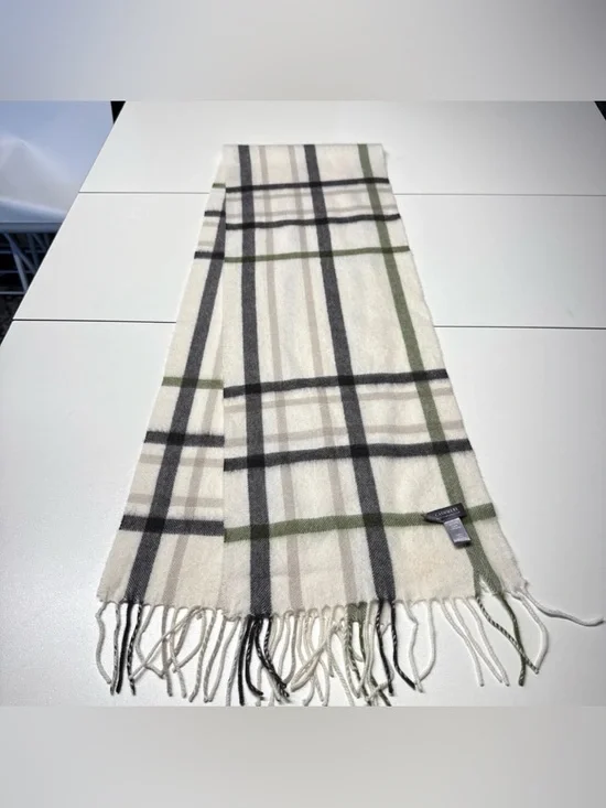 Charter Club Men’s Scarf Nova Check 100% Cashmere Cream Gray Green Preppy 10x62