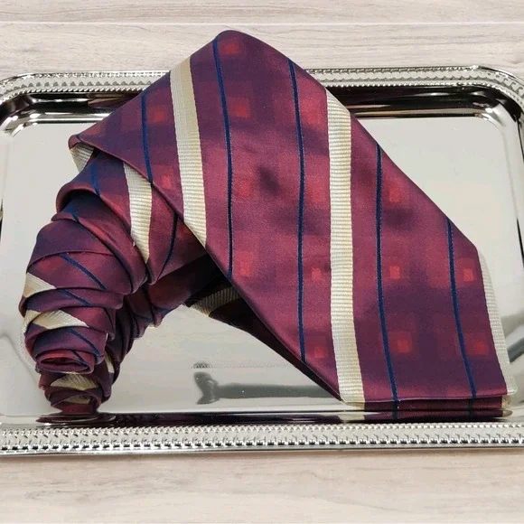 Dona Dona 100% Silk Monochromatic Neck Tie Maroon Blue & Champagne Stripe 59