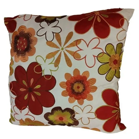 Pier One Throw Pillow w/ Insert Floral Design Embroidered 17”x17” Zipper Cheery