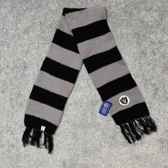 Raiders Scarf Mens One Size Black Gray Striped NFL Football Knit Fringe USA