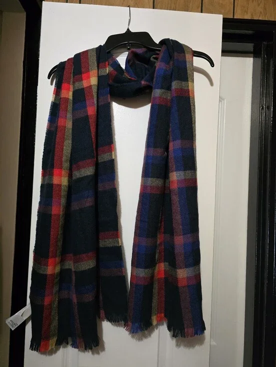 Gap Men's Navy Plaid Scarf with Red and Tan Stripes - One Size