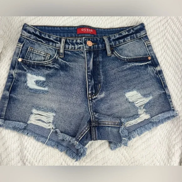 Guess Women's Frayed Hem Jean Shorts‎ - Dark Blue