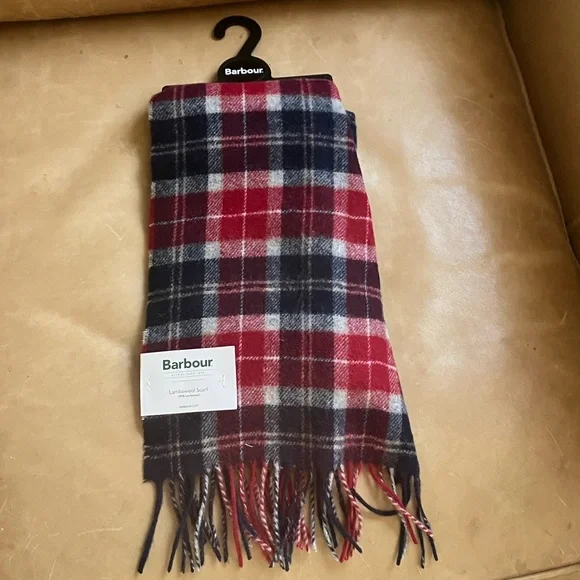 Barbour Red and Navy Plaid Tartan lambswool Fringe Scarf