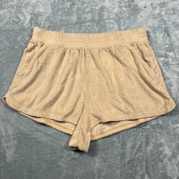 OFFLINE by Aerie Smile Face Shorts Women Tan Terry Cloth Embossed Lounge L