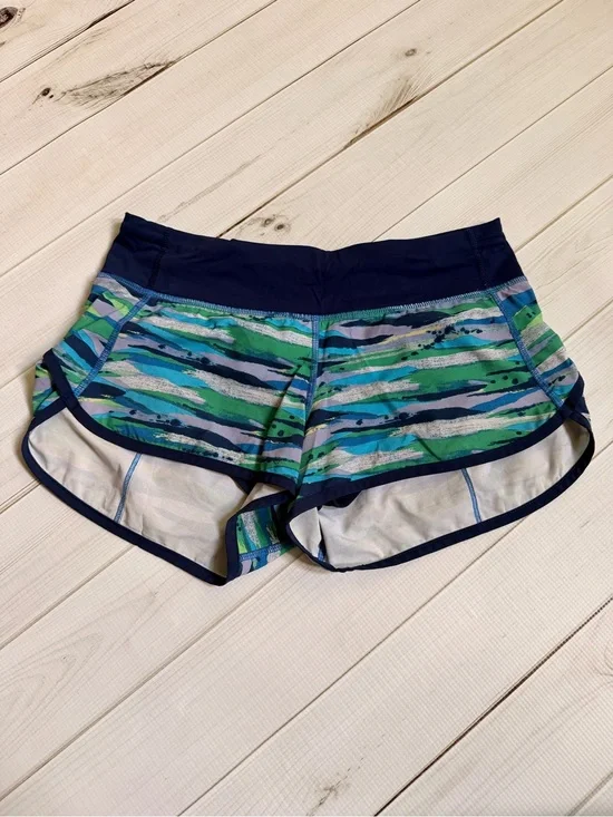 lululemon athletica Navy Waistband Blue & Green Striped Running Shorts