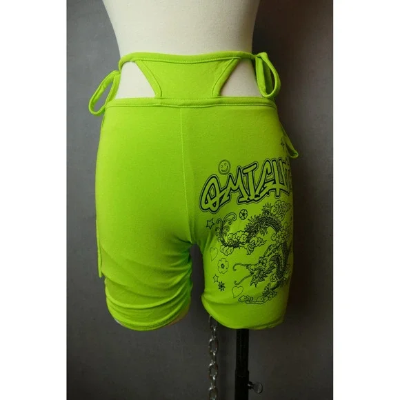 OMIGHTY Dragon Print Shorts‎ Neon Green Drawstring Y2K Rave Festival Women S
