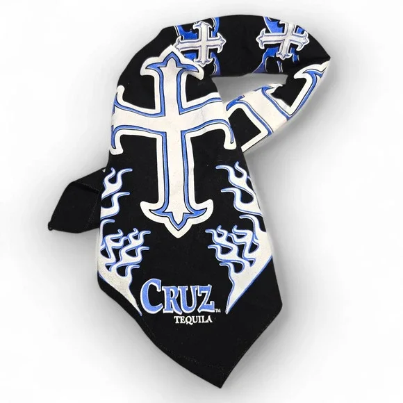 Cruz Tequila Bandana Biker Flames Cross Goth Grunge Jesus Y2K Black Blue White‎