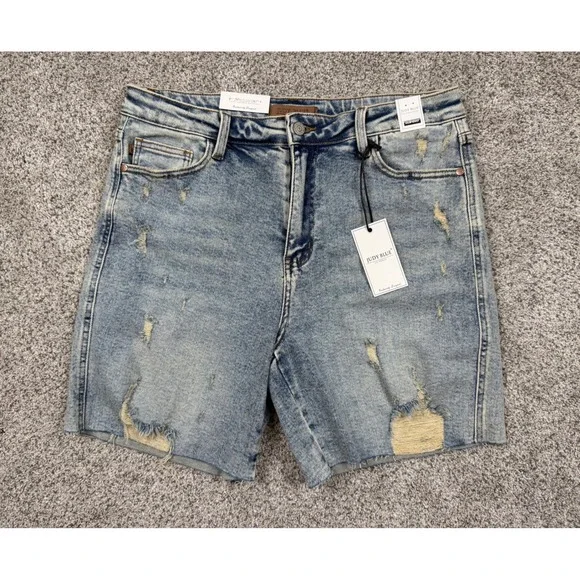 Judy Blue Denim Shorts Women XL Light Blue NWT Distressed High Waist Cut Off