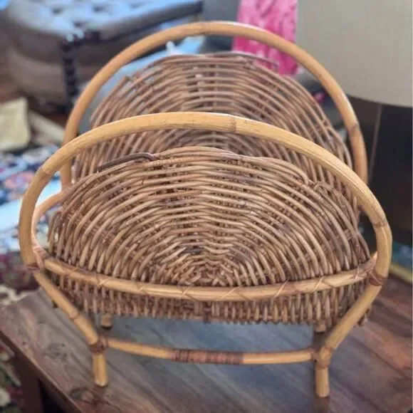 Vintage Rattan Magazine Rack / Record Holder – Boho Decor
