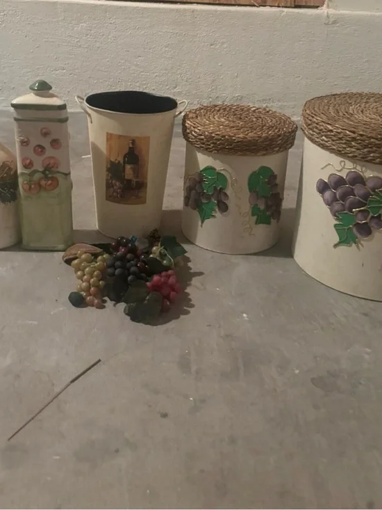Pier 1  Cream and Green Grape Themed Canister Set with Decorative Fruit