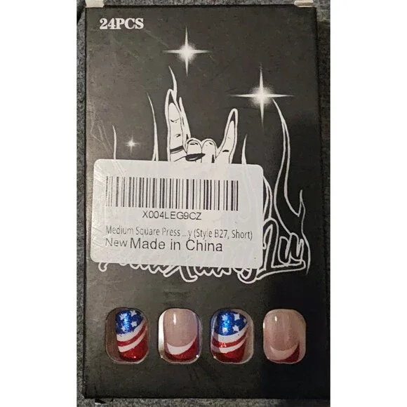 Short Square Press On Nails 24 Pcs. American Flag Colors Glitter Cute USA