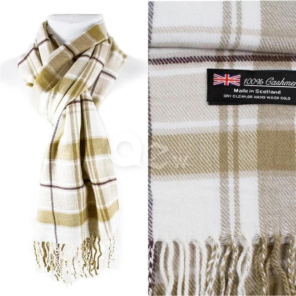 100% Cashmere-made in Scotland White and Tan Plaid Scarf