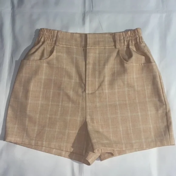 Emory Park High Waisted Plaid Print Elastic Waist Peach Shorts