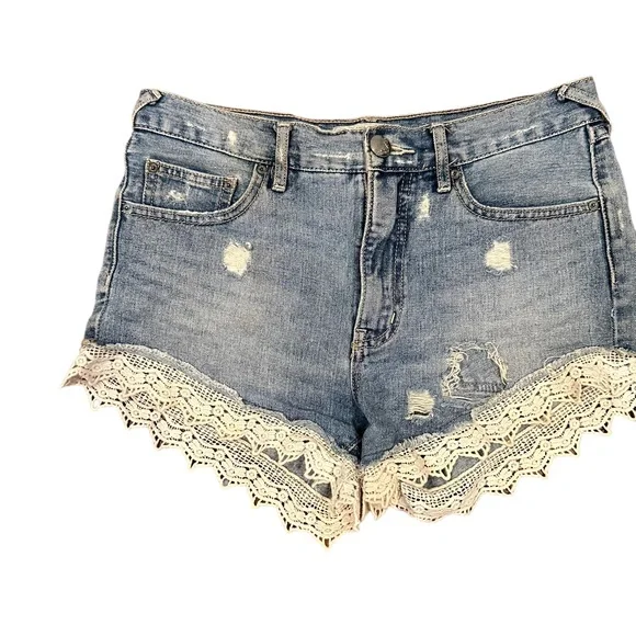 Free People Lace y2k Jean Shorts boho Mid Rise Denim Light Wash 2016 Coachella