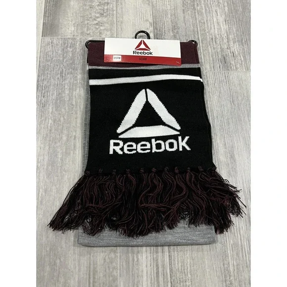 Reebok Scarf with Fringe Gray Wine Black White Logo SOFT Recycled‎ Material NEW